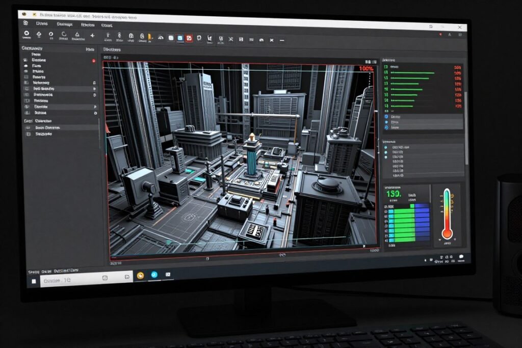 3D rendering software showing CPU utilization graphs during heavy render task