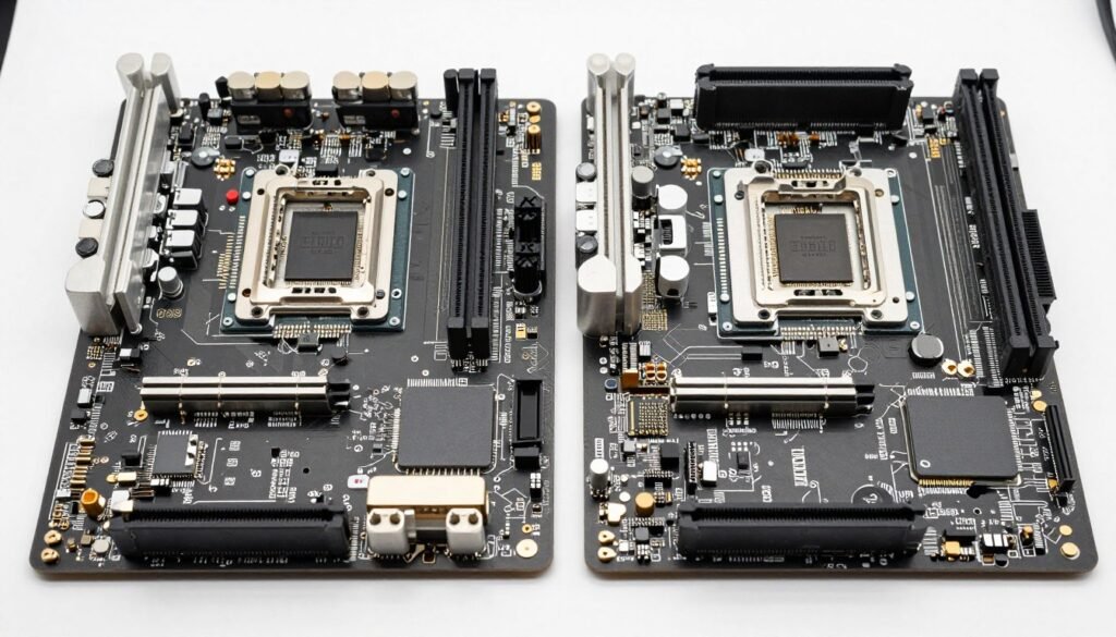 AM5 and LGA1700 motherboards side by side showing socket differences