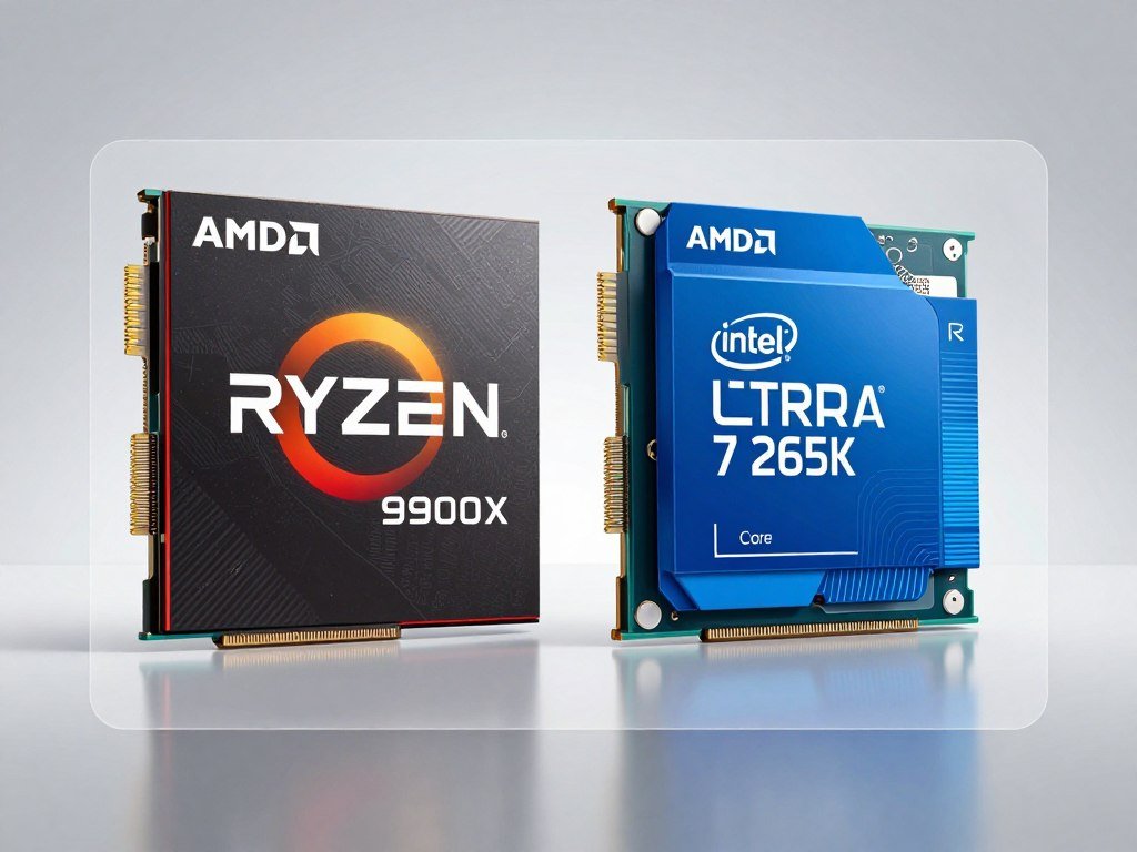 AMD Ryzen 9000 series and Intel Core Ultra processors with detailed specifications overlay