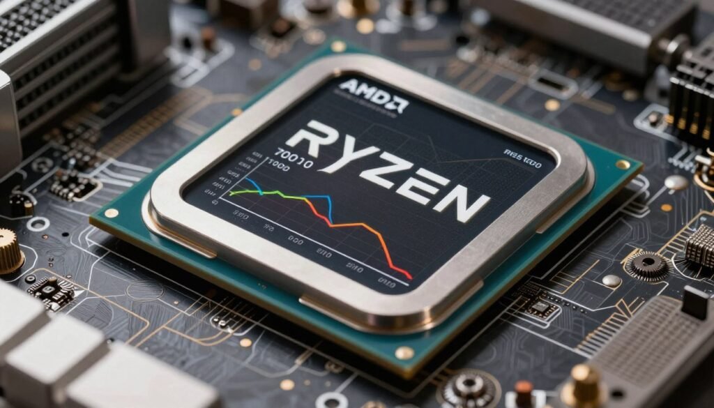 AMD Ryzen 9000 series processor with performance metrics showing improved frame time consistency