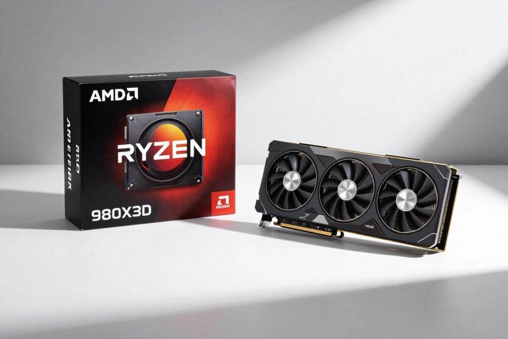AMD Ryzen 9800X3D processor next to RTX 5080 graphics card