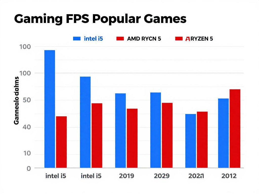 Bar graph comparing gaming FPS results between Intel i5 and AMD Ryzen 5 across multiple popular games