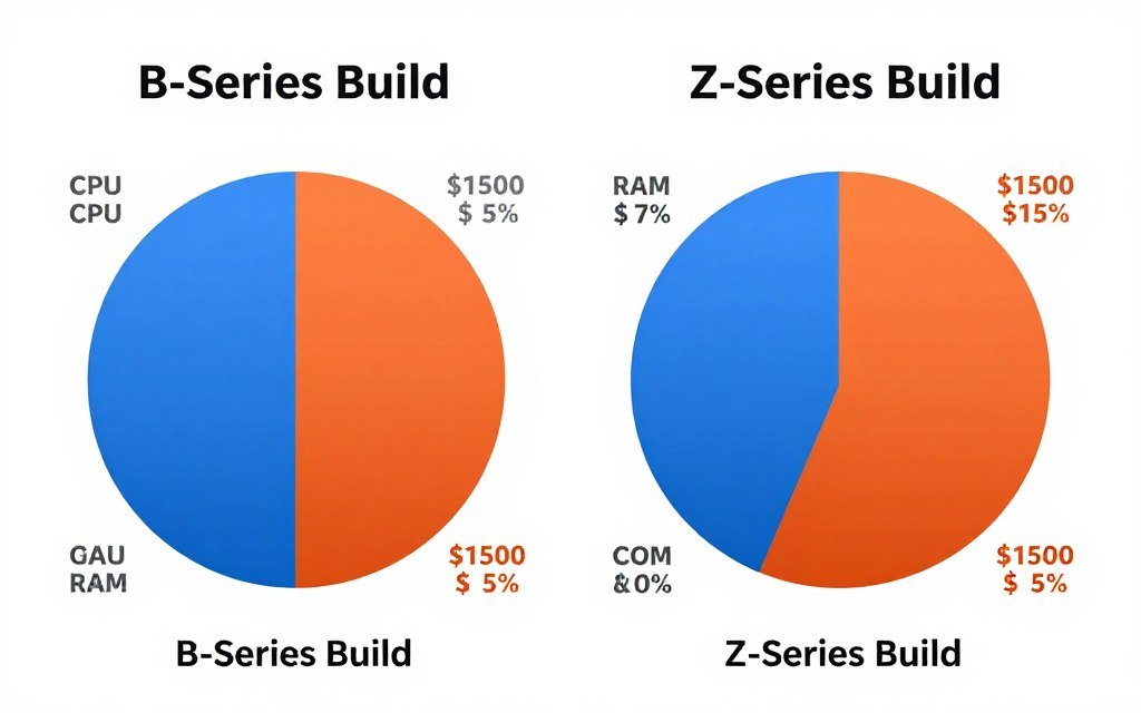 Budget allocation pie charts comparing optimal component spending for B-series versus Z-series motherboard builds Budget allocation pie charts comparing optimal component spending for B-series versus Z-series motherboard builds