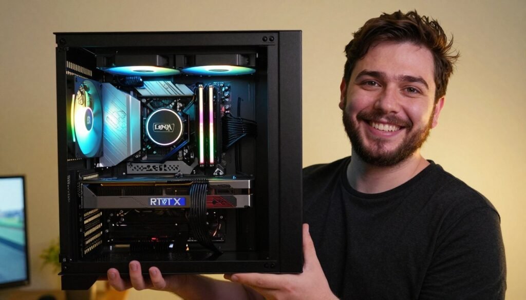Builder holding completed RTX 5080 PC with satisfied expression