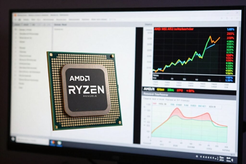 CPU die and gaming performance monitoring software showing frame times and processor usage