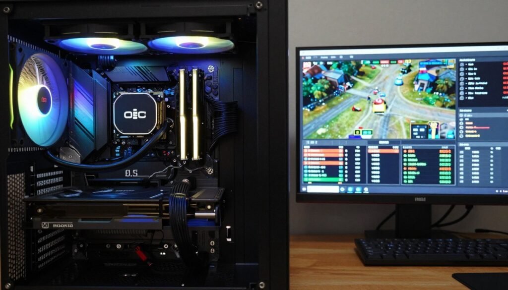 CPU overclocking comparison showing temperature, clock speeds, and FPS gains between stock and overclocked systems CPU overclocking comparison showing temperature, clock speeds, and FPS gains between stock and overclocked systems