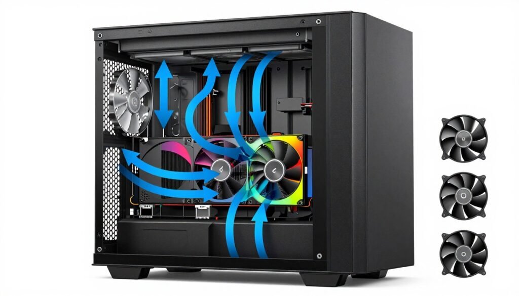 Case airflow diagram showing optimal cooling setup for mid-range gaming PC