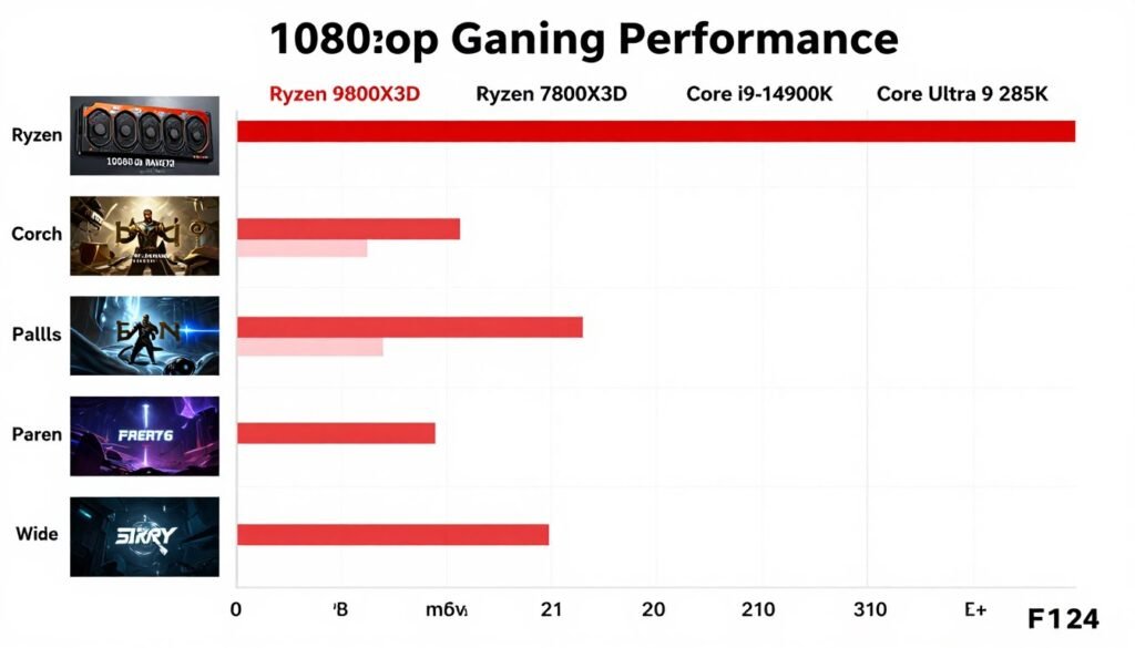 Chart showing 1080p gaming performance comparison between Ryzen 9800X3D and competing CPUs Chart showing 1080p gaming performance comparison between Ryzen 9800X3D and competing CPUs