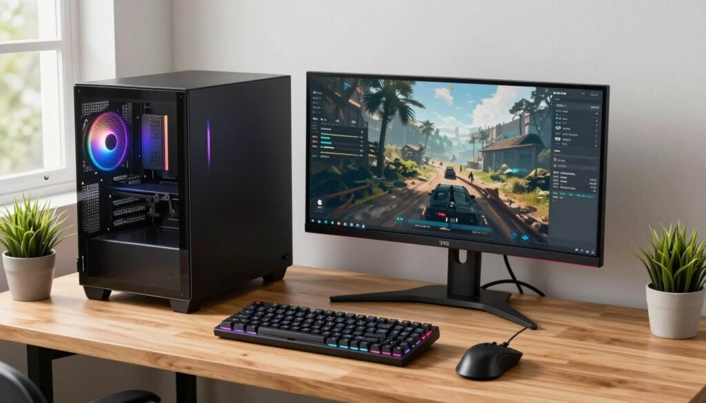 Clean gaming setup with PC tower and monitor showing smooth gameplay