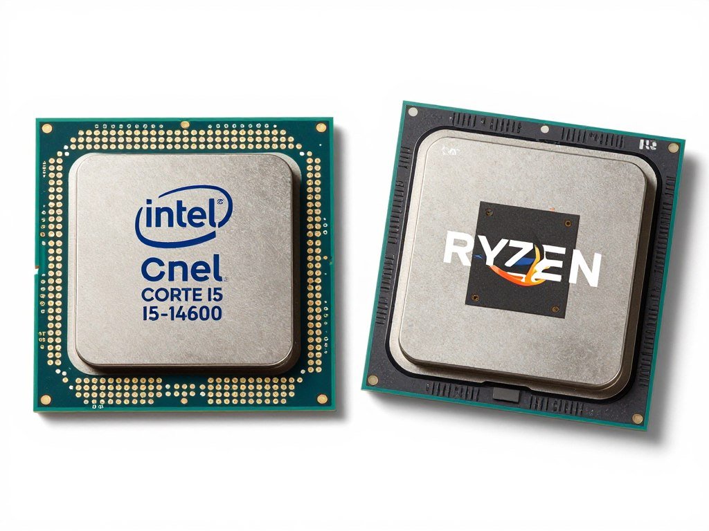 Close-up comparison of Intel i5 and AMD Ryzen 5 processor chips showing architecture differences