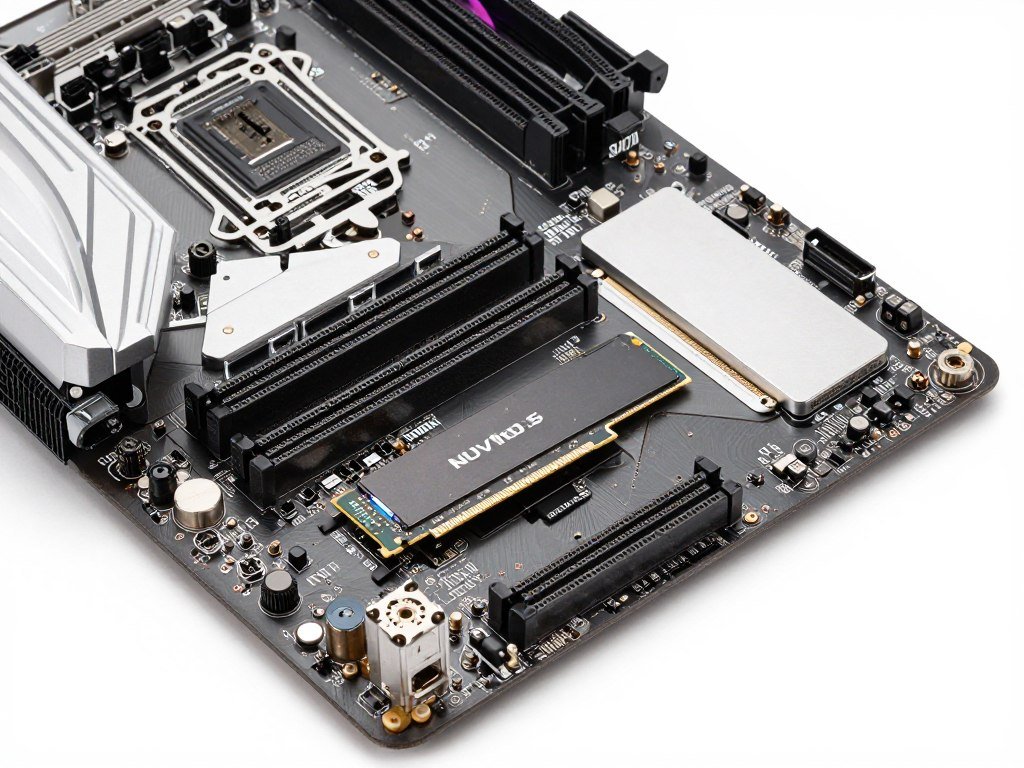 Close-up of B-series motherboard chipset with clear labeling of features and connection points for gaming PC build Close-up of B-series motherboard chipset with clear labeling of features and connection points for gaming PC build