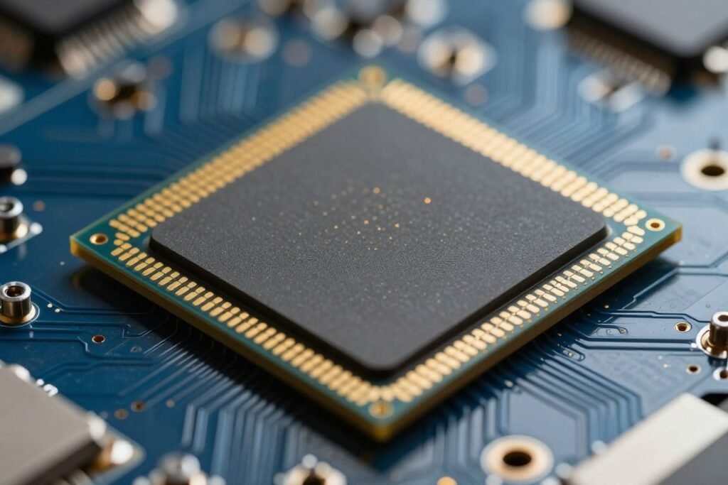 Close-up of GPU chiplet interconnects on a circuit board