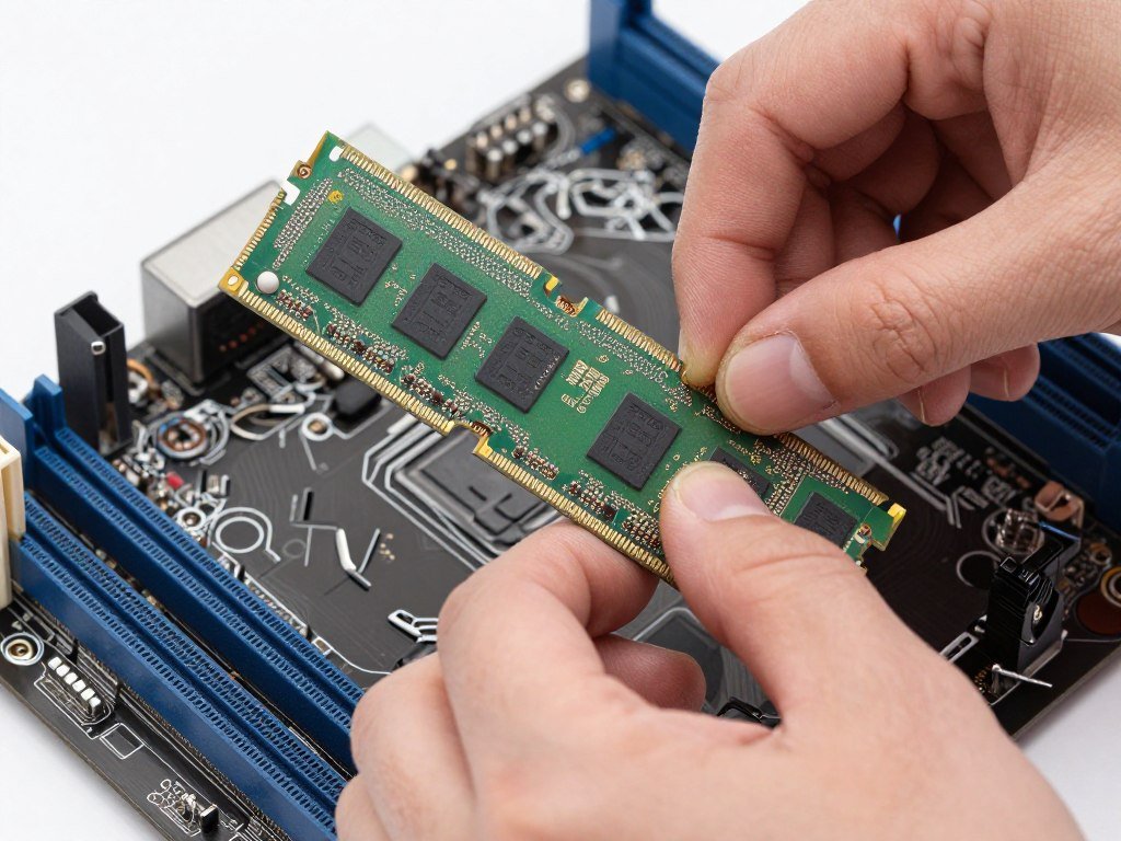 Close-up of RAM being properly seated in motherboard slot