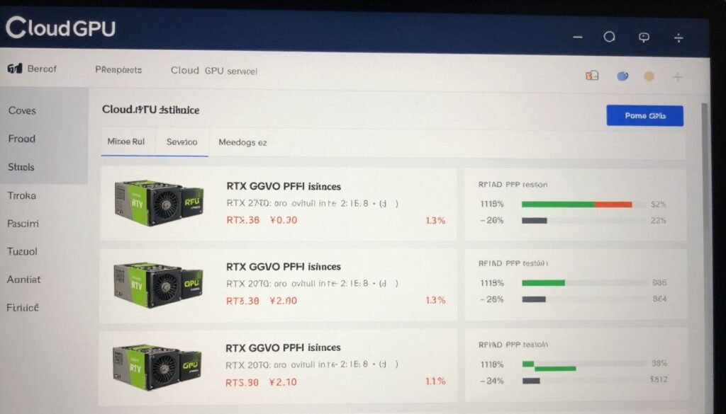 Cloud GPU service dashboard showing RTX instances