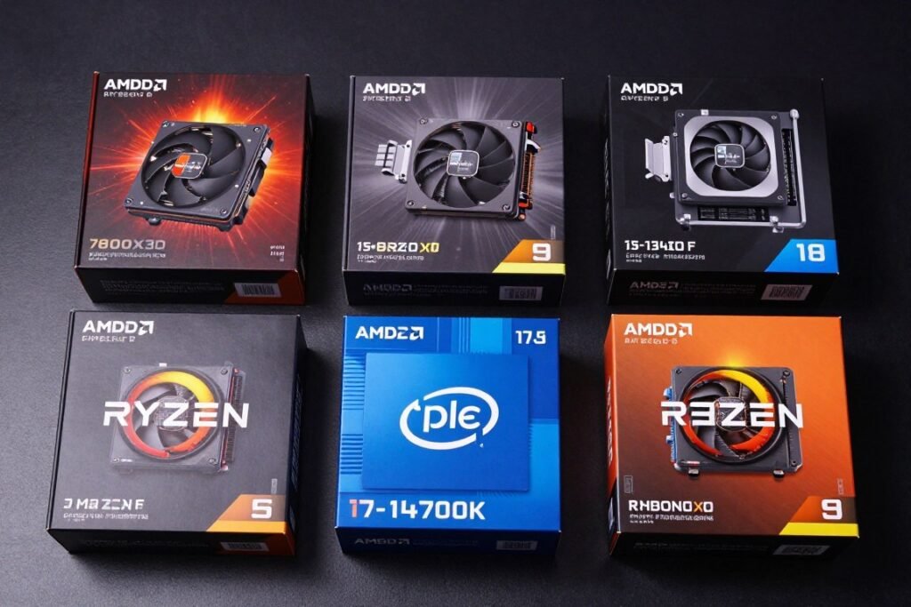 Collection of modern gaming CPUs including AMD Ryzen and Intel Core processors
