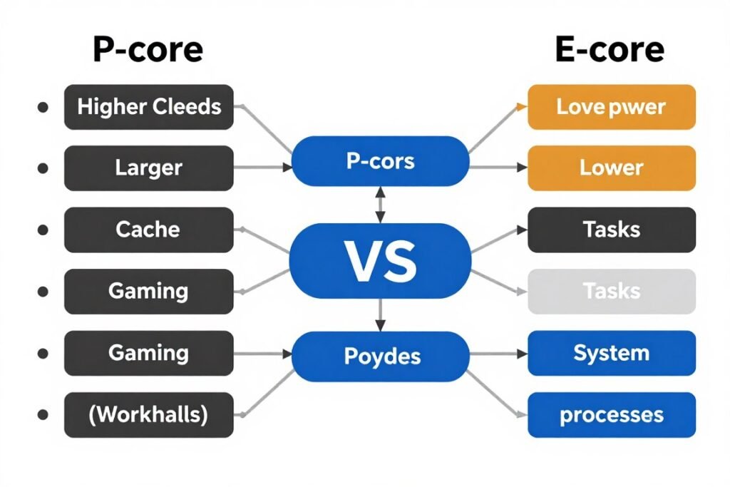 Comparison diagram of OS Scheduling differences between P-cores and E-cores in hybrid CPU architecture