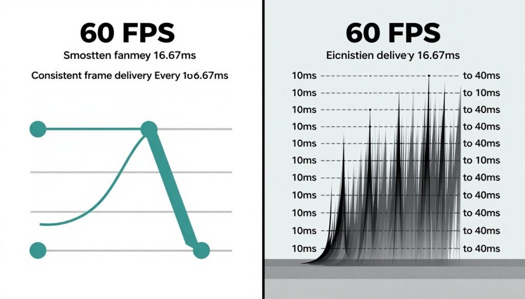 Comparison diagram showing average FPS vs actual frame time delivery with visual stuttering representation