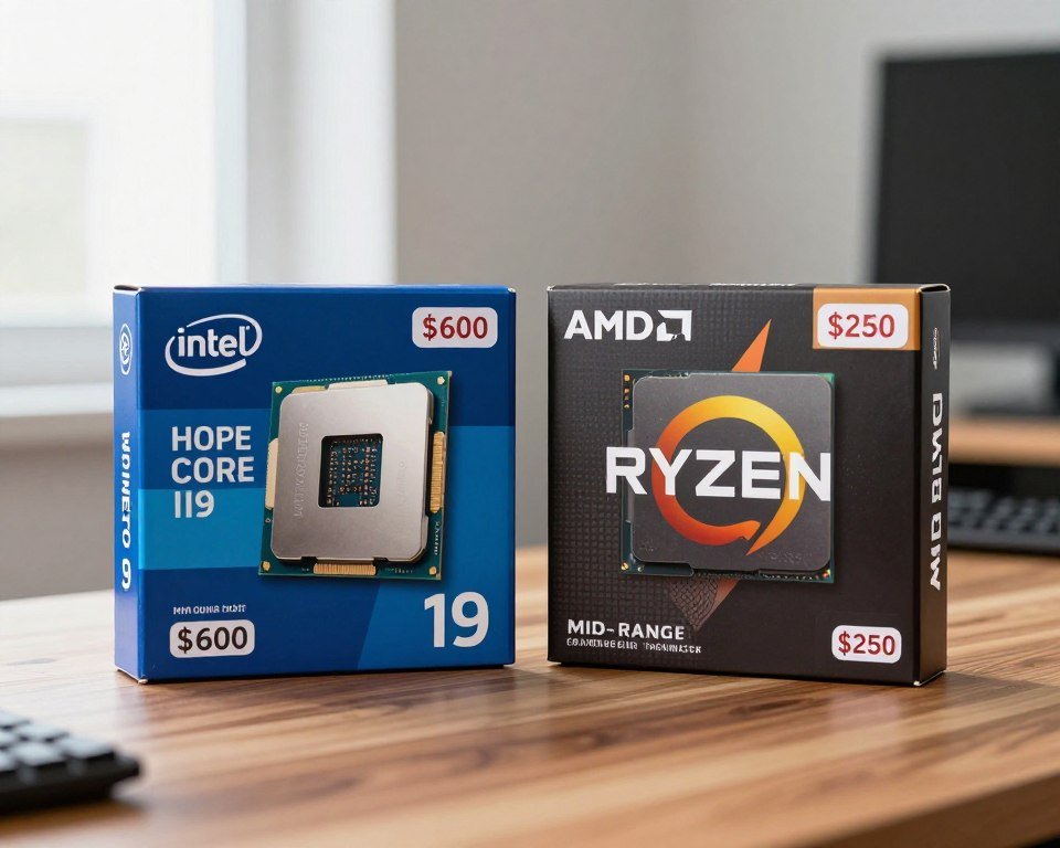 Comparison image showing expensive flagship CPU next to mid-range processor with price tags