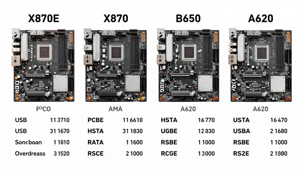 Comparison of AM5 motherboard chipsets showing features and connectivity options Comparison of AM5 motherboard chipsets showing features and connectivity options