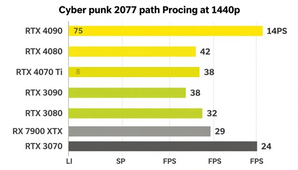 Comparison of different GPUs running Cyberpunk 2077 path tracing with performance metrics