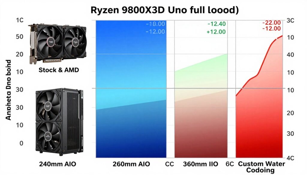 Comparison of different cooling solutions for the Ryzen 9800X3D showing temperatures under load Comparison of different cooling solutions for the Ryzen 9800X3D showing temperatures under load