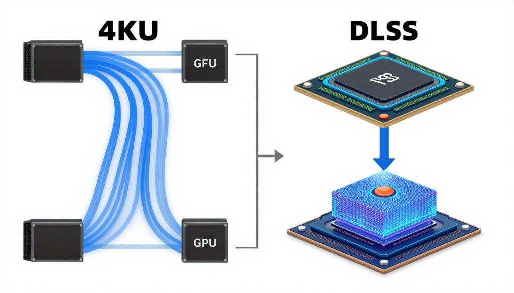 Comparison showing native 4K rendering versus DLSS Quality mode internal resolution and upscaling process