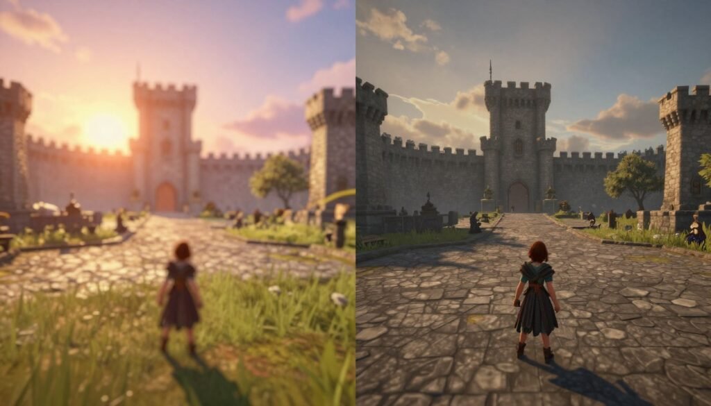 Comparison showing post-processing effects on and off in game