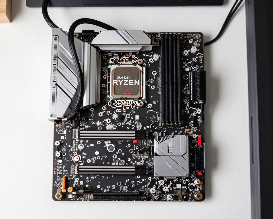 Complete gaming PC build showing CPU, GPU, RAM, and motherboard installed in case