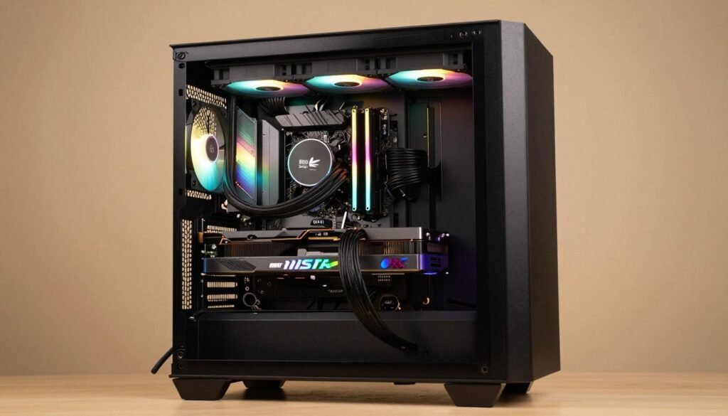 Completed gaming PC build with chiplet GPU installed and running