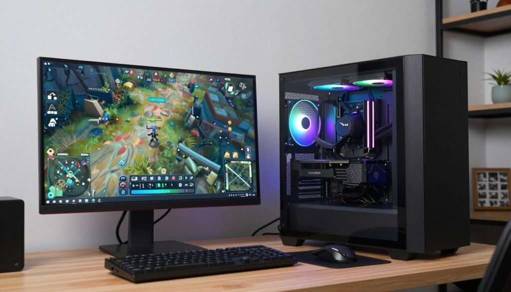 Completed mid-range PC build running game