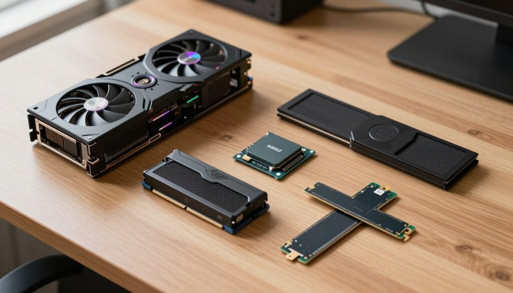 Computer hardware components laid out showing GPU, CPU, RAM, and SSD