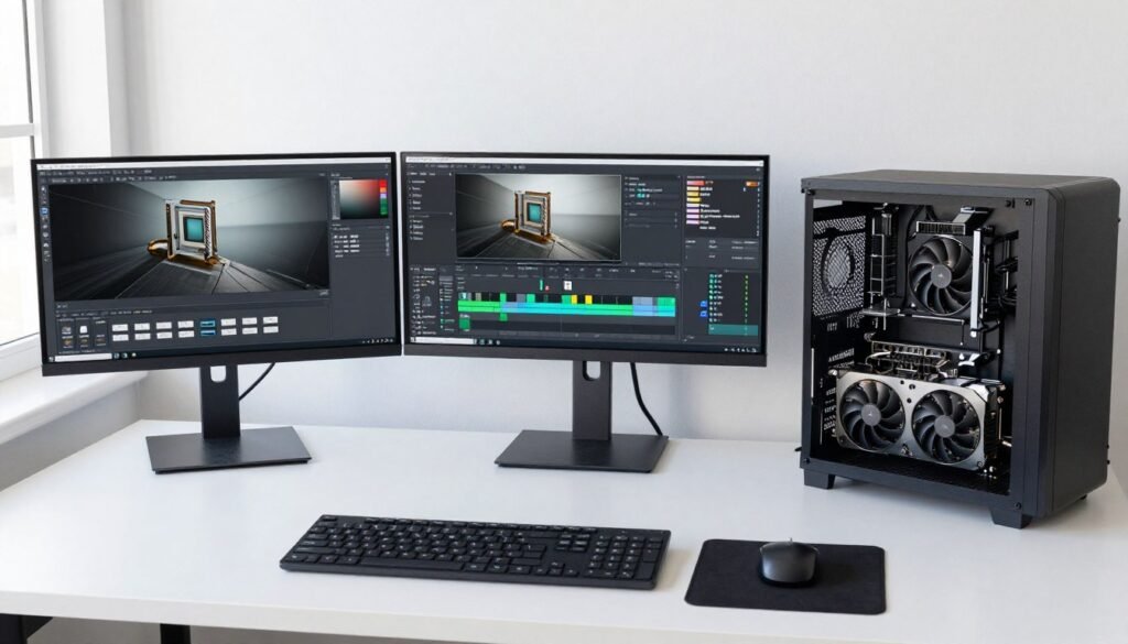 Content creator workstation with multiple monitors showing 3D rendering and video editing software