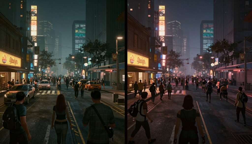 Cyberpunk 2077 crowd density comparison showing low versus high NPC count
