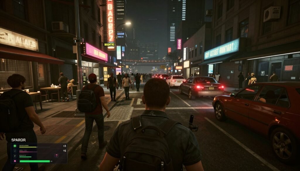 Cyberpunk 2077 crowded street scene with many NPCs causing CPU bottleneck