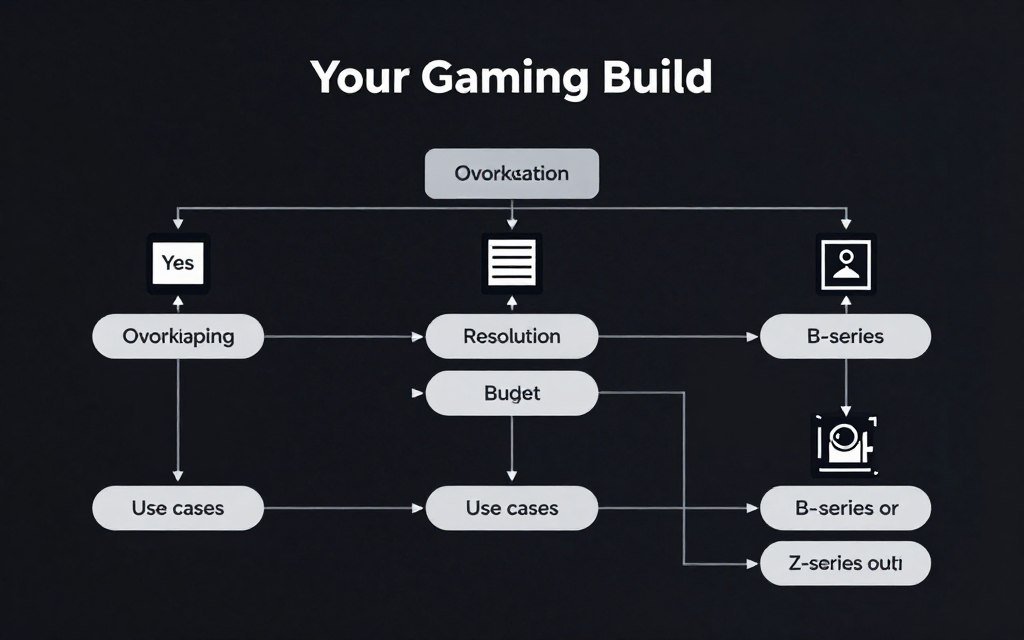 Decision flowchart showing when to choose B-series versus Z-series motherboard chipsets based on use case and components Decision flowchart showing when to choose B-series versus Z-series motherboard chipsets based on use case and components