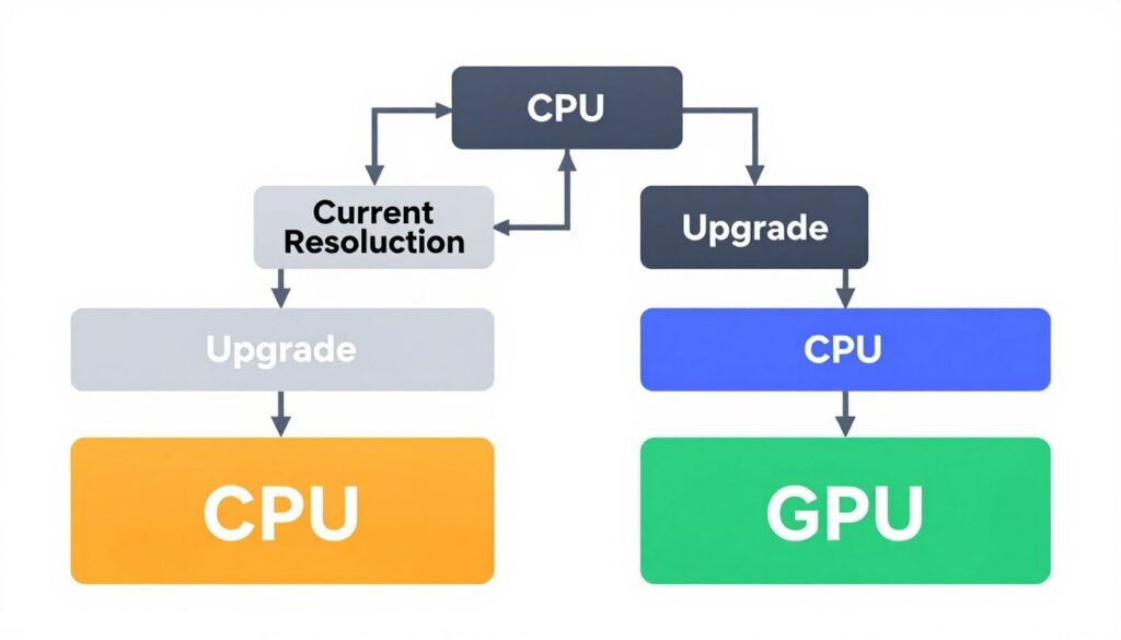 Decision flowchart showing when to upgrade CPU versus GPU based on bottleneck type and resolution