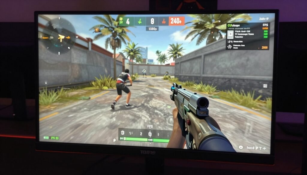 Desktop PC with 1080p monitor showing high FPS counter and CPU usage monitor