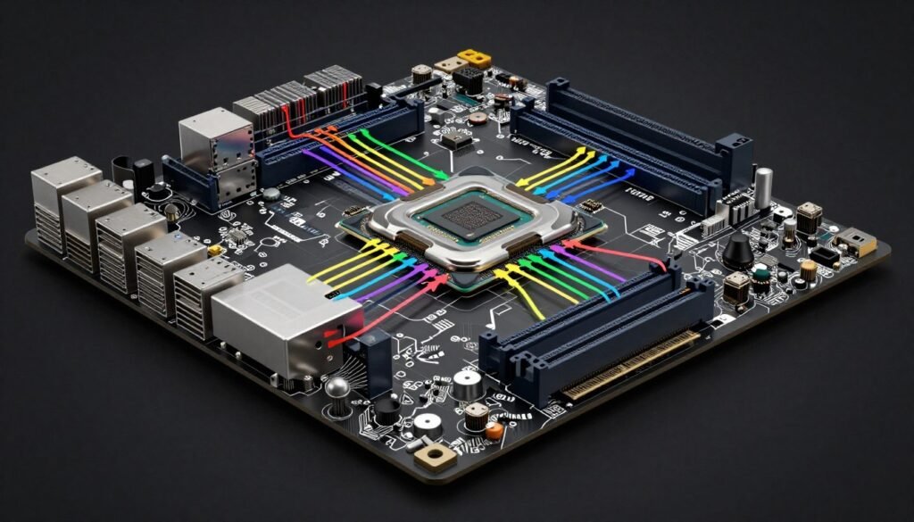 Detailed motherboard chipset diagram showing data flow between CPU, GPU, storage devices and peripherals with highlighted communication lanes Detailed motherboard chipset diagram showing data flow between CPU, GPU, storage devices and peripherals with highlighted communication lanes