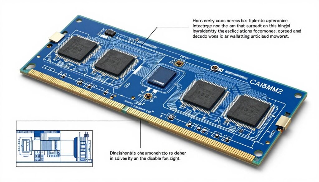 Detailed view of CAMM2 module internal architecture designed for DDR6 RAM showing signal integrity improvements and thermal management