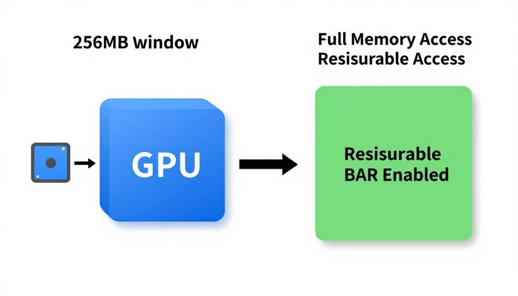 Diagram comparing traditional PCIe BAR vs Resizable BAR memory access