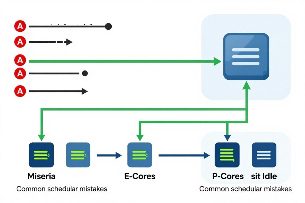 Diagram illustrating common OS Scheduling mistakes in Windows 13 with hybrid CPUs