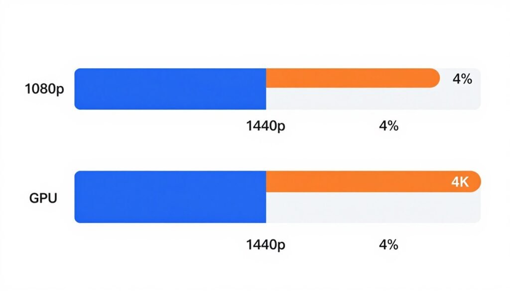 Diagram showing CPU and GPU workload distribution at different resolutions with percentage bars