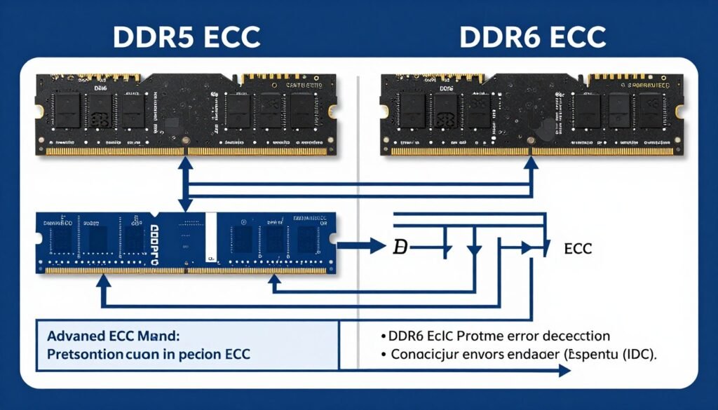 Diagram showing DDR6 RAM's advanced ECC implementation and how it improves data integrity compared to previous generations