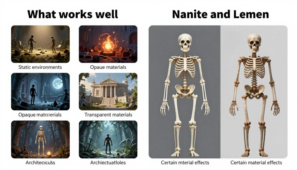 Diagram showing current limitations of UE5 Nanite & Lumen with examples of what works and what doesn't Diagram showing current limitations of UE5 Nanite & Lumen with examples of what works and what doesn't