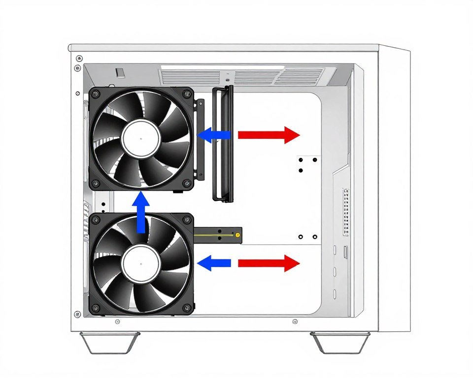 Diagram showing optimal fan placement in gaming PC case with arrows indicating airflow direction