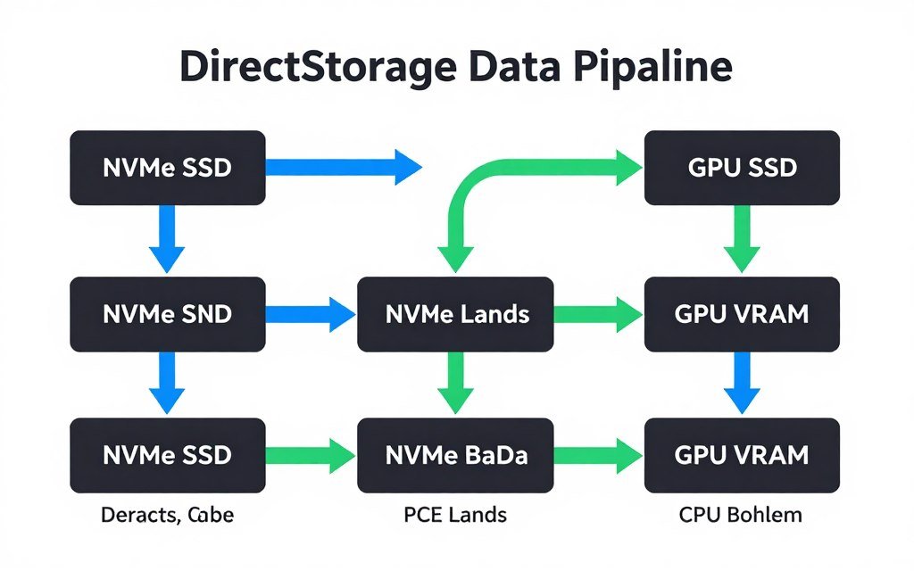 DirectStorage API workflow diagram showing data path from SSD to GPU