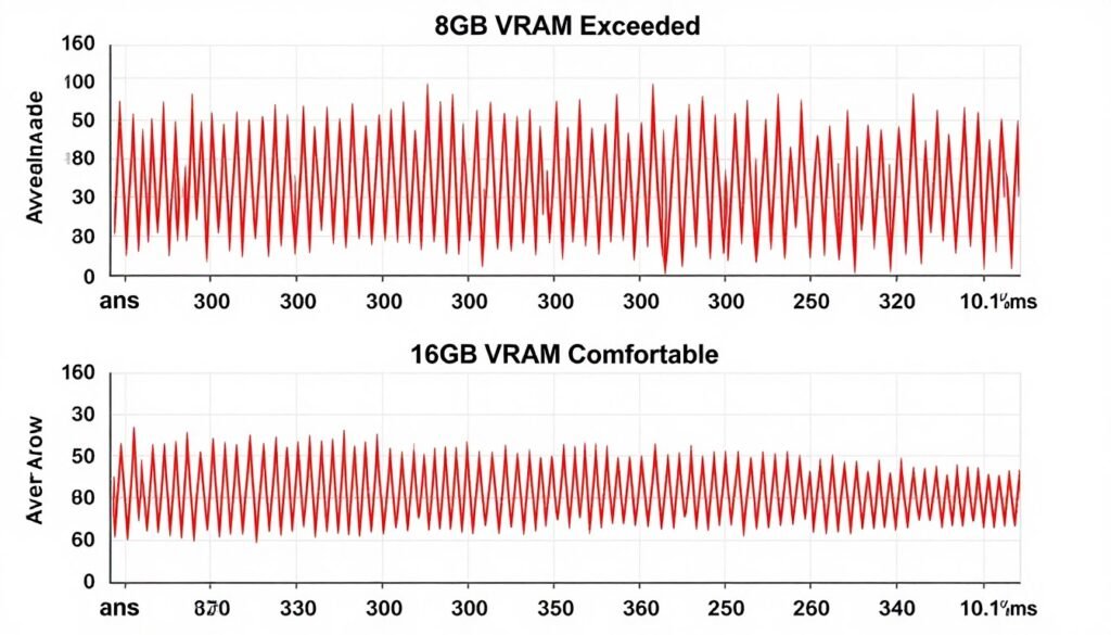 Frame time comparison showing stuttering with insufficient VRAM versus smooth performance Frame time comparison showing stuttering with insufficient VRAM versus smooth performance