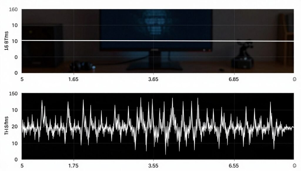 Frame time graph showing ideal consistent 16.67ms delivery vs erratic frame timing patterns