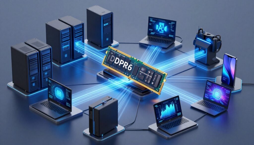 Futuristic visualization of computing ecosystem powered by DDR6 RAM showing interconnected devices and applications