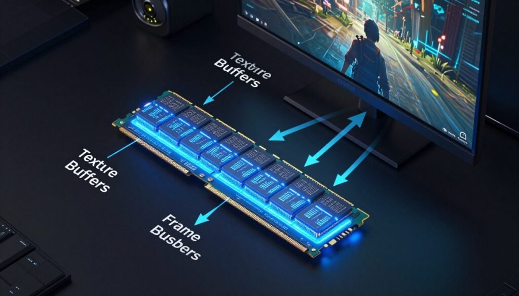 GPU memory buffer showing VRAM storing game textures and rendering data GPU memory buffer showing VRAM storing game textures and rendering data
